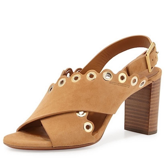 CHLOE Eyelet-Studded Suede Sandal, Angora Beige authentic womens size 38 - Picture 1 of 14